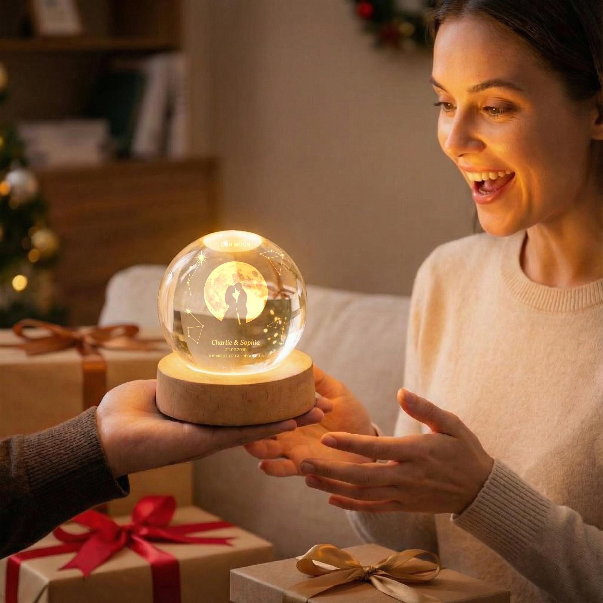 Our Moon Custom Moon Phase Light, Personalized Crystal Ball LED Night Light, Anniversary Gift for Couple, Valentine Gift for Husband Wife