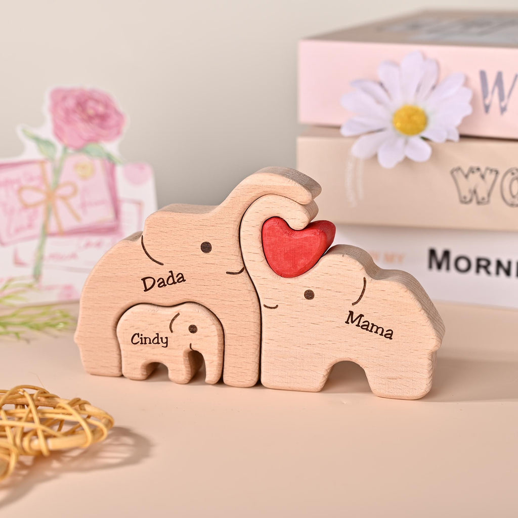 Personalized Elephant Family Puzzle, Mom Dad Baby Keepsake, Custom Family Name Engraved Decor, New Parent Gift, Anniversary Gift