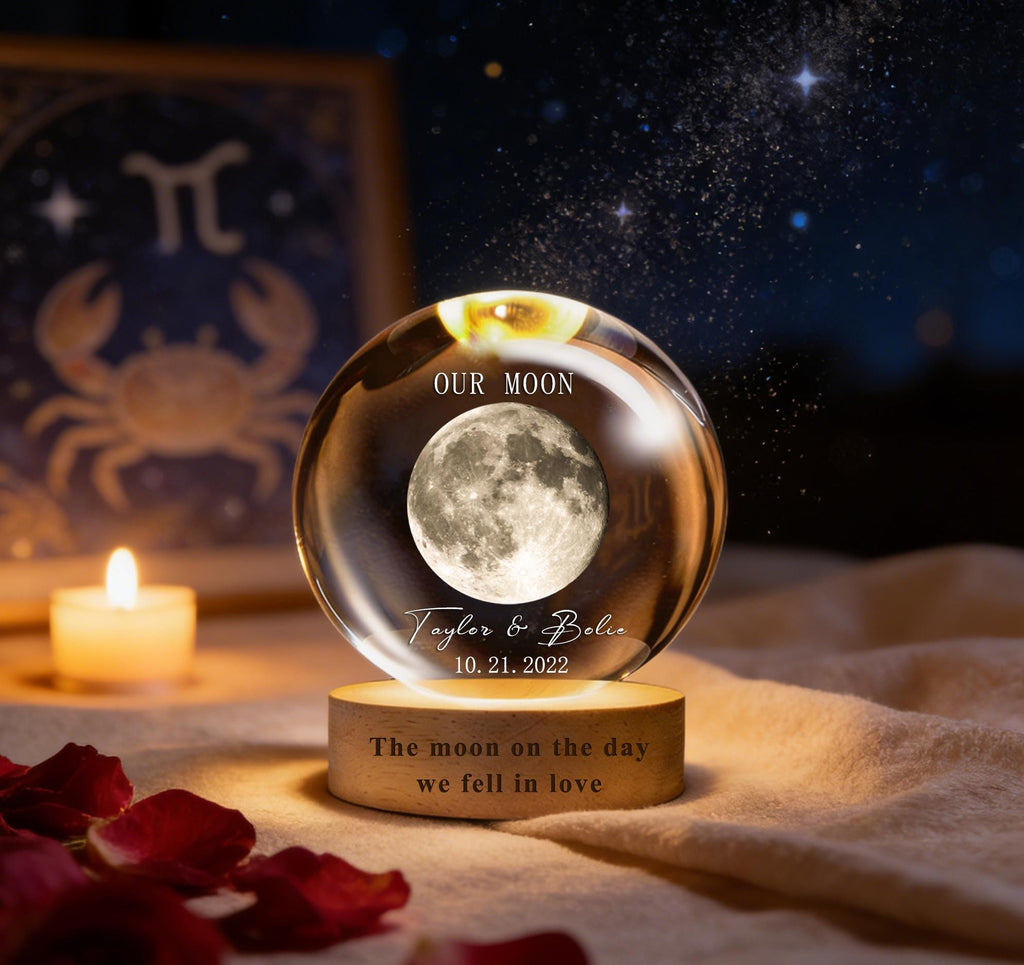 Our Moon Special Day Custom Moon Phase, Personalized Crystal Ball LED Night Light, Valentine's Day Gift for Couple, Husband, Boyfriend, Wife
