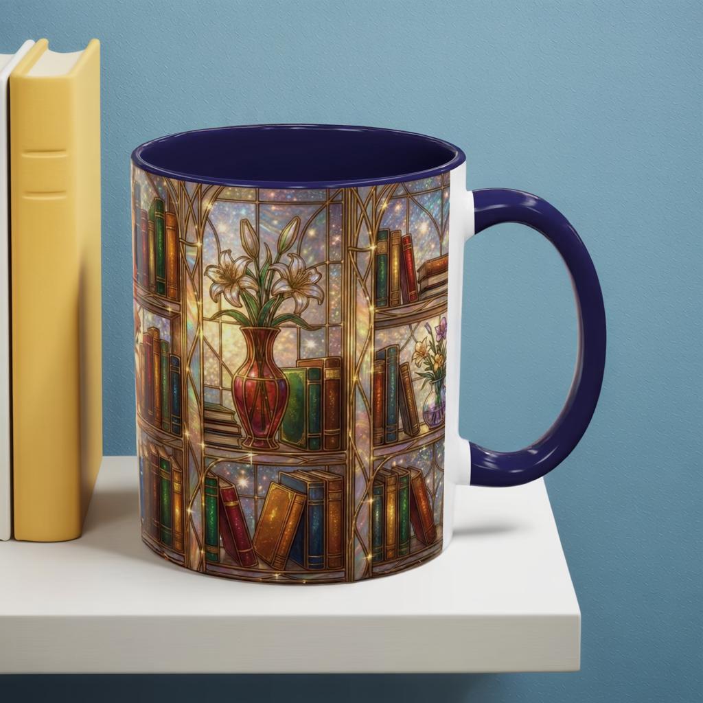 Stained Glass Books Mug, Book Lover Coffee Mug, Cozy Library Mug, Bookish Gift for Readers, Dark Academia Mug, Floral Bookshelf Cup, Cute Character Mug – Fun Design for Daily Use