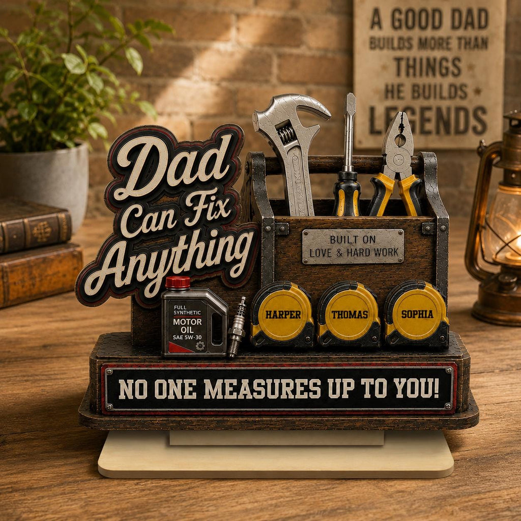 Personalized Dad Can Fix Anything Wooden Plaque – Custom Name 2D Flat Layered Sign for Dad – Father’s Day Gift From Kids, Mechanic Dad Decor
