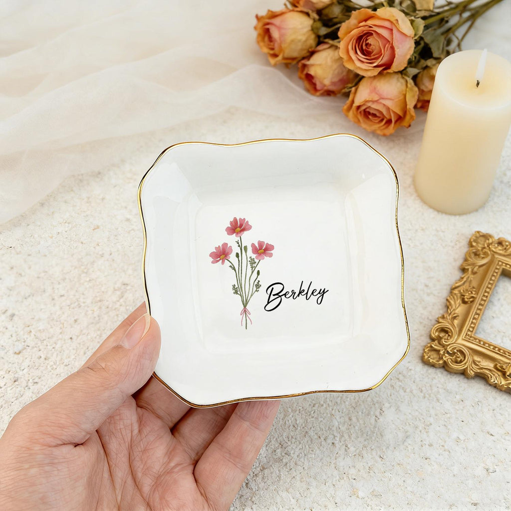Personalized Birth Flower Trinket Dish, Custom Watercolor Flower Ring Dish, Wedding Bridesmaid Gift, Gift for Friends, Birthday Gift for Her