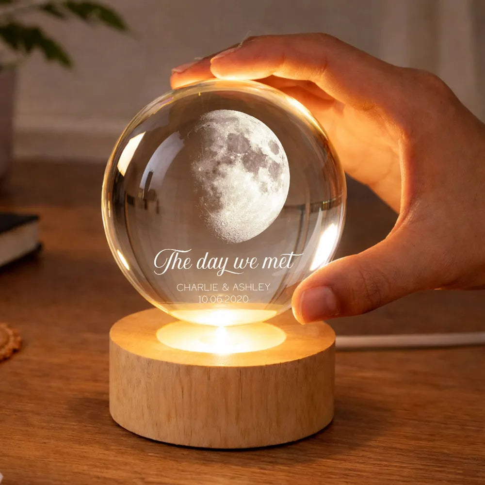 Our Moon Couple Anniversary Date - Personalized Crystal Ball LED Night, Moon Phase Print, Valentines Day Wedding Anniversary Gift For Couple