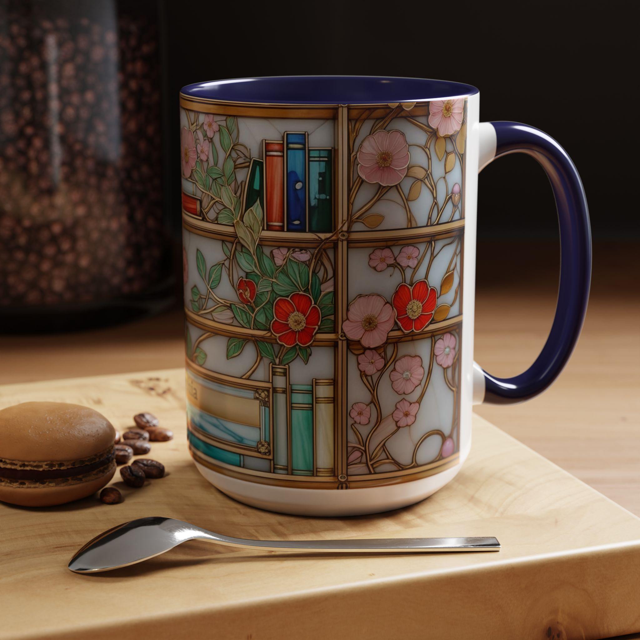Stained Glass Bookshelf Mug, Floral Coffee Cup, Book Lover Gift, Premium Ceramic Mug – Everyday Use & Gift Idea