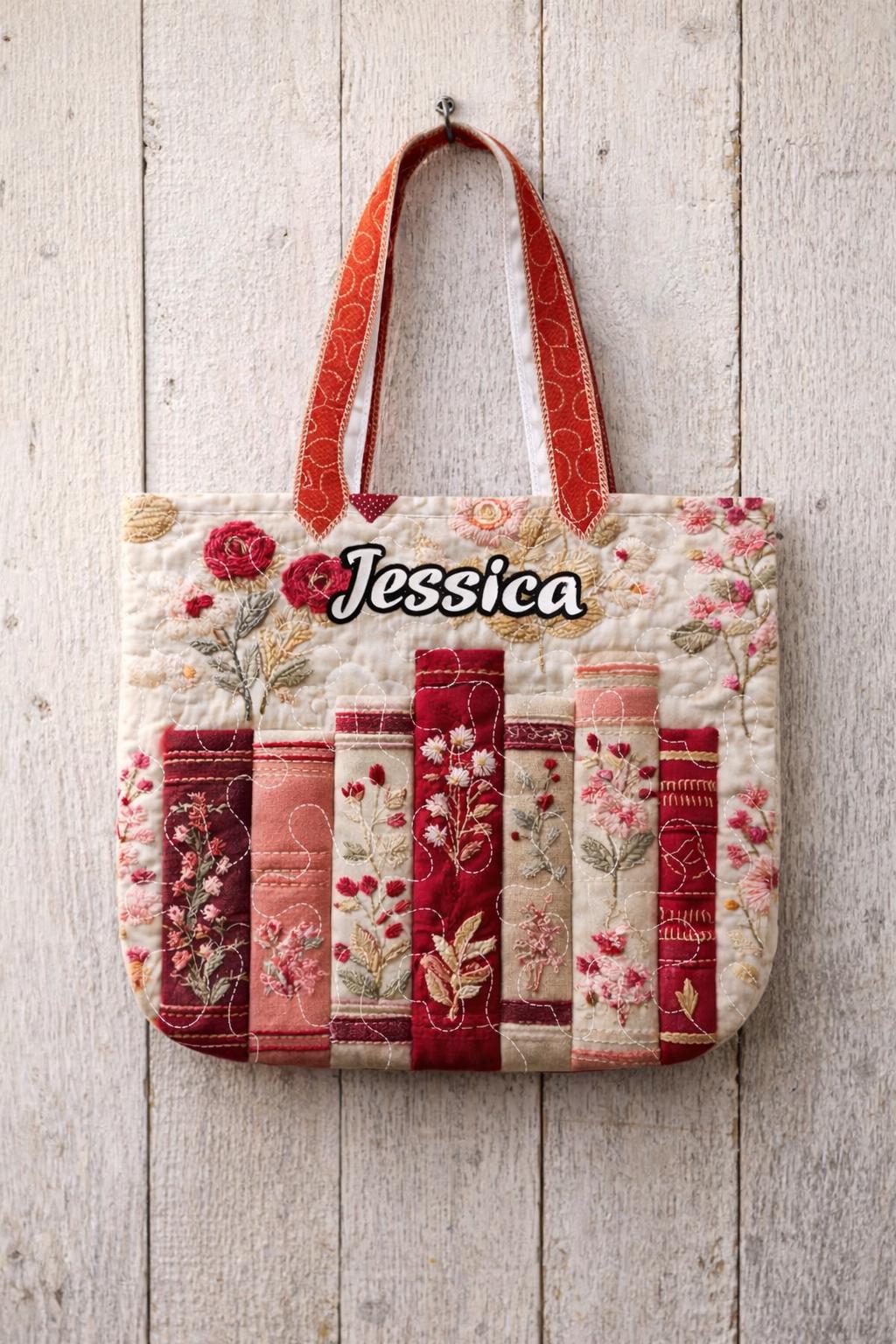 Quilted Book Tote Bag, Vintage Books and Flowers Canvas Shoulder Bag