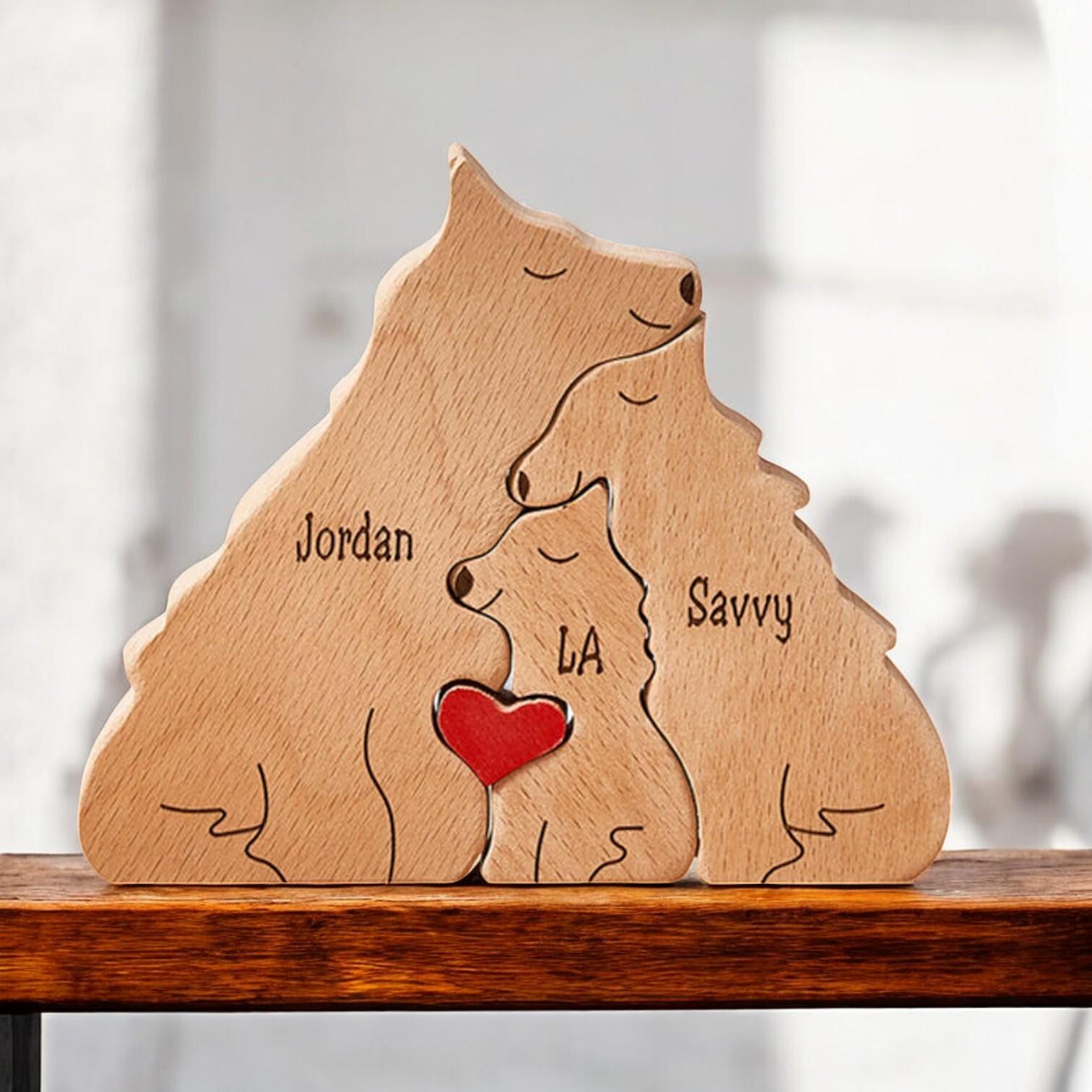 Personalised Wooden Wolf Family Puzzle _ Custom Engraved Figurines _ Handmade Christmas Present, Rustic Home Decor, Family Gift Keepsake