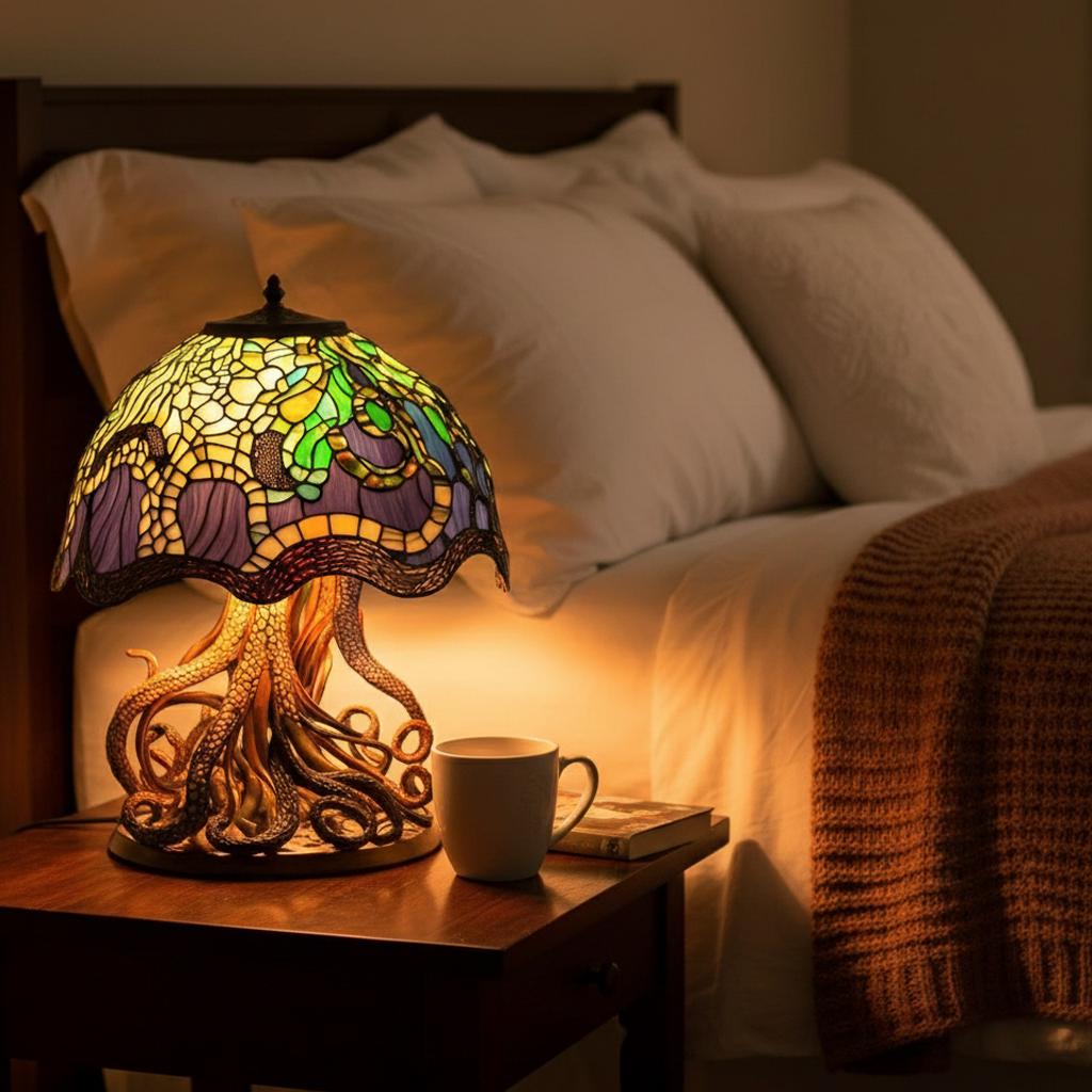 Octopus Tiffany Table Lamp, Stained Glass Nautical Lamp, Ocean Themed Night Light, Handmade Art Deco Desk Lamp, Unique Home Decor Gift