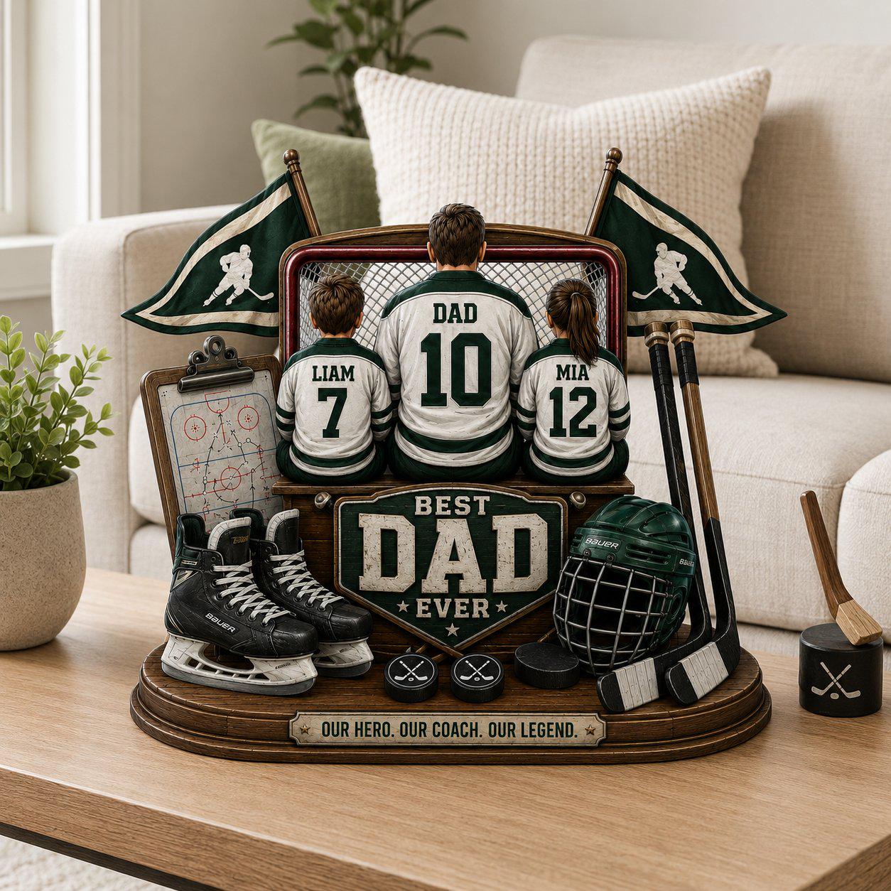 Personalized Hockey Best Dad Ever Wooden Block, Hockey Family Keepsake, Fathers Day Decor, Hockey Dad and Son Plaque, Hockey Players Gift
