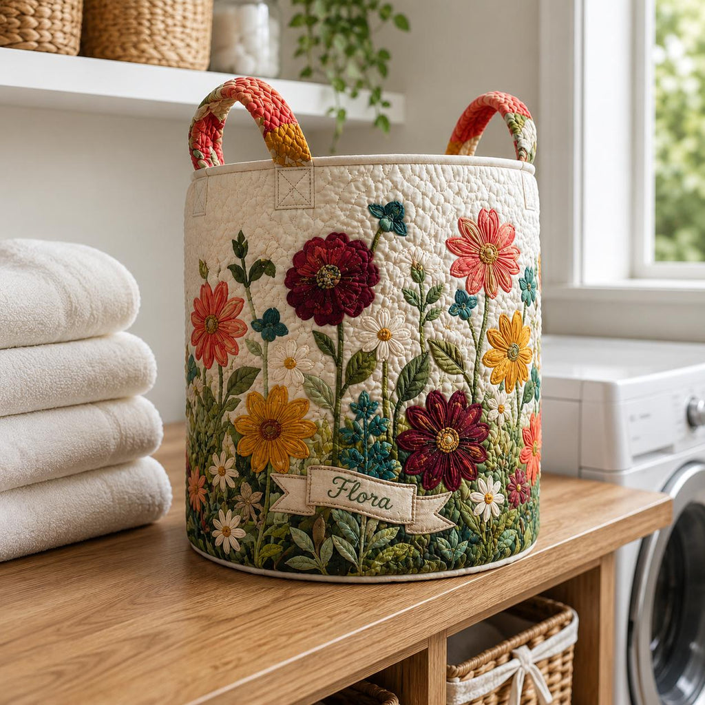 Personalized Quilted Wildflower Laundry Basket, Floral Storage Bin, Cottagecore Decor