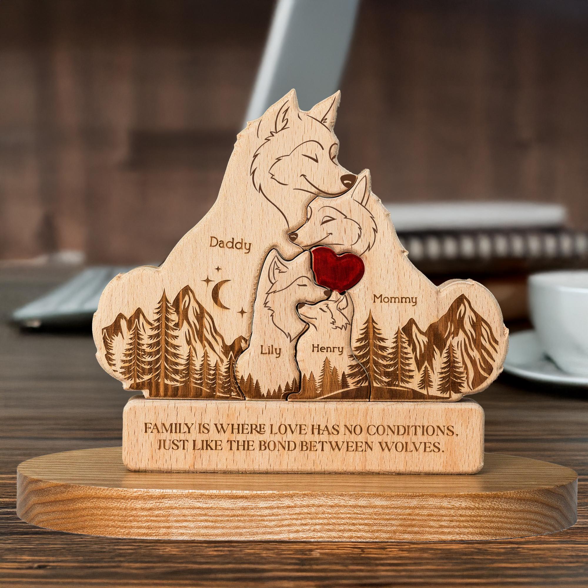 Personalized Wooden Wolf Family Puzzle_ Custom Engraved Beechwood Gift, Personalized Wooden Family Puzzle Decor, Custom Engraved Wood Keepsake