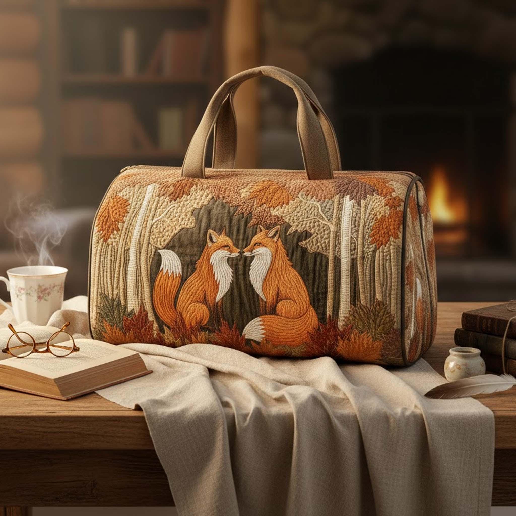 Couple Foxes Quilted Duffle Bag, Forest Fox Weekender Travel Bag, Woodland Animal Duffel, Cottagecore Overnight Bag, Mother's Day Gift