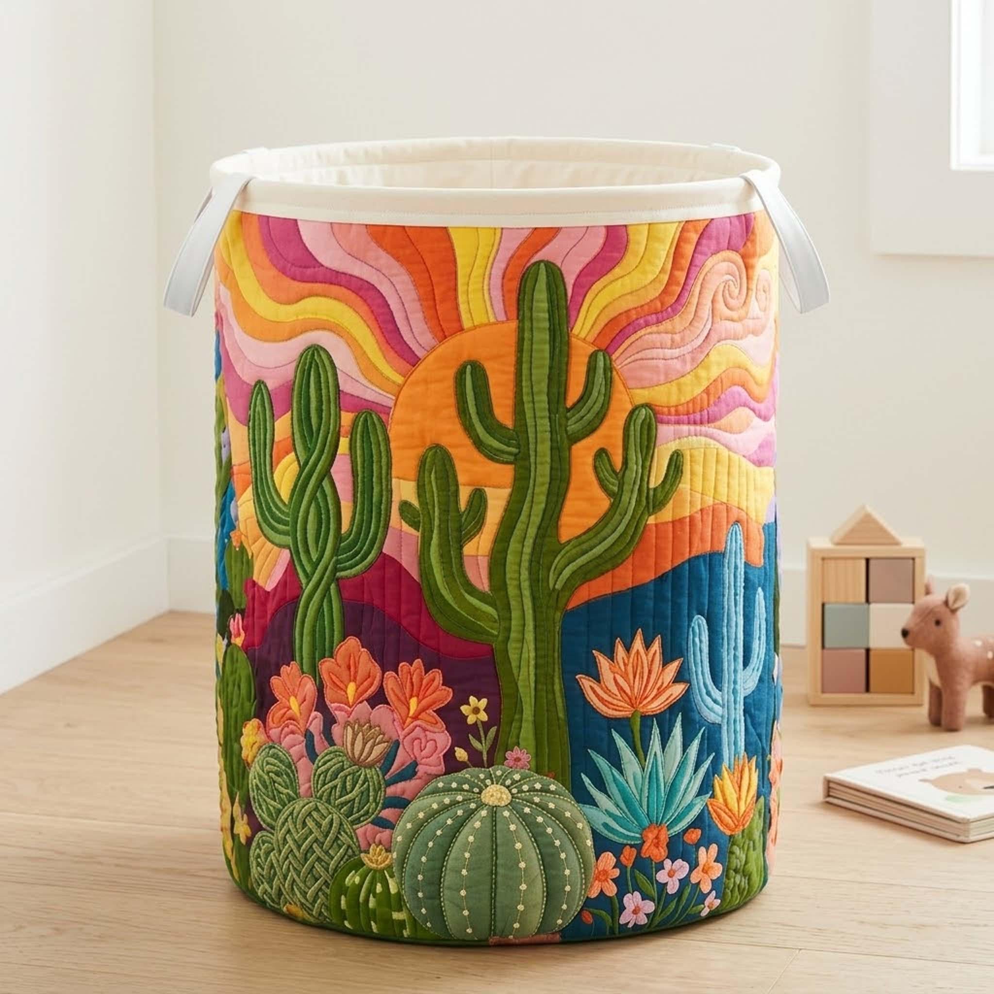 Hippie Floral Cactus Quilted Laundry Basket, Daybreak Boho Hamper, Family Storage Bin, Desert Flower Laundry Organizer