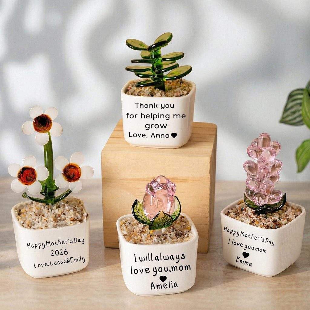 Glass Everlasting Flower Gift for Mom, Personalized Hand Blown Glass Pot, Mom Birthday or Mothers Day Keepsake