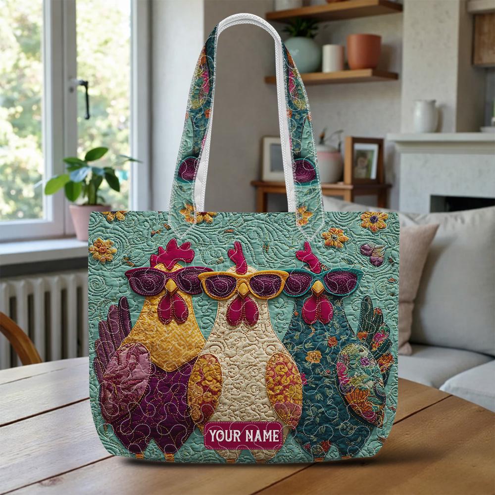 Personalized Chicken Quilted Tote Bag – Funny Chicken Mom Shoulder Bag, Colorful Farm Animal Market Tote, Custom Name Gift for Women
