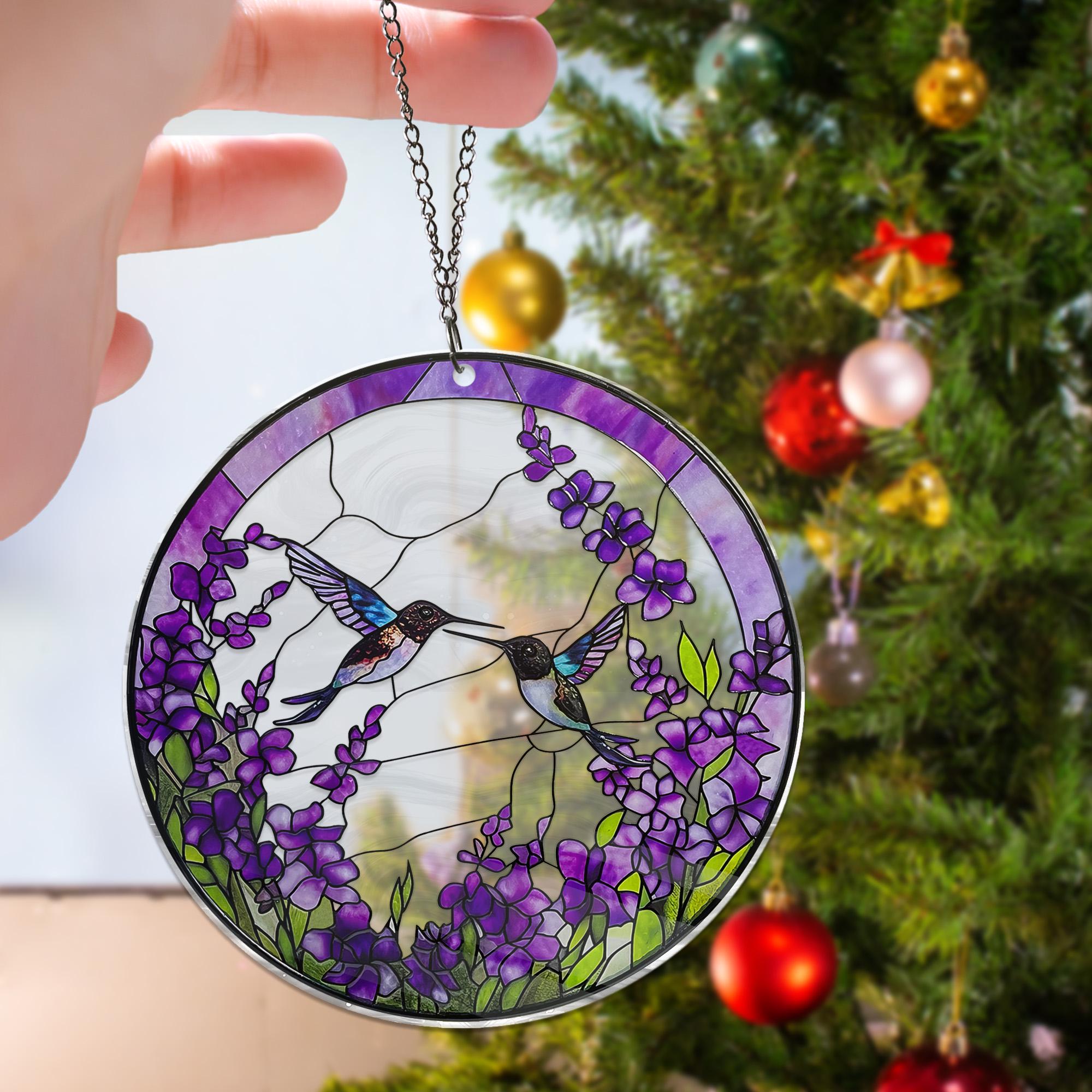 Hummingbirds Among Lavender Flowers ACRYLIC Window Hanging Hummingbird Stained Glass EFFECT Wall Art Gifts for Women Acrylic