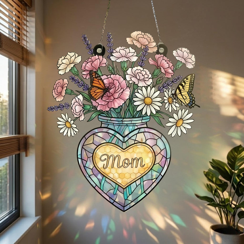 Mom Suncatcher With Vase of Flowers, Stained Glass Style Window Hanging With Butterflies, Heart Jar Mother's Day Gift
