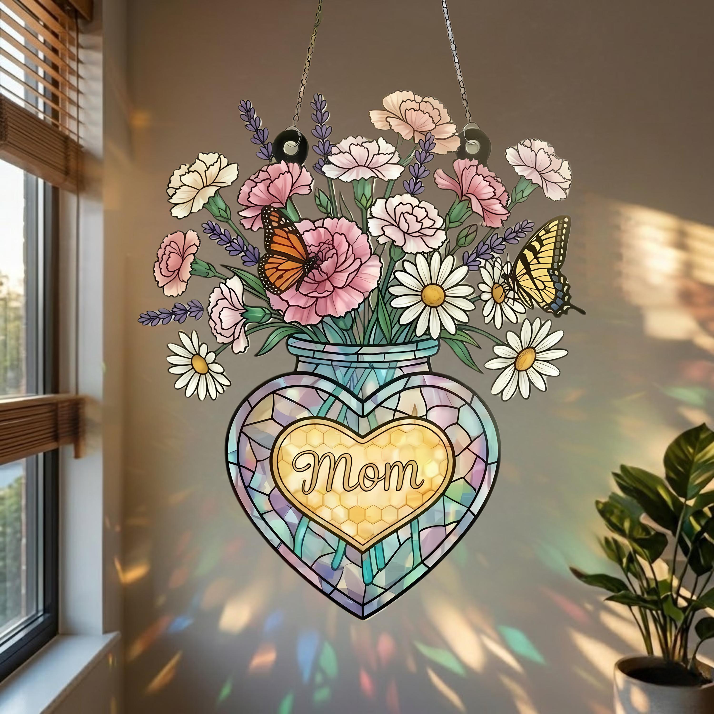 Mom Suncatcher With Vase of Flowers, Stained Glass Style Window Hanging With Butterflies, Heart Jar Mother's Day Gift