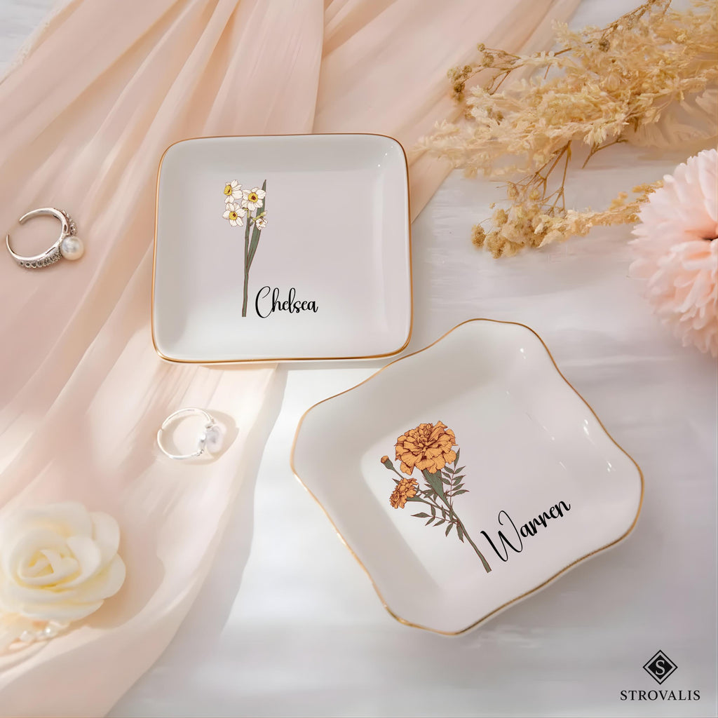 Personalised Birth Flower Trinket Dish, Custom Watercolor Flower Ring Dish, Wedding Bridesmaid Gift, Birthday Jewelry Dish, Christmas Gifts