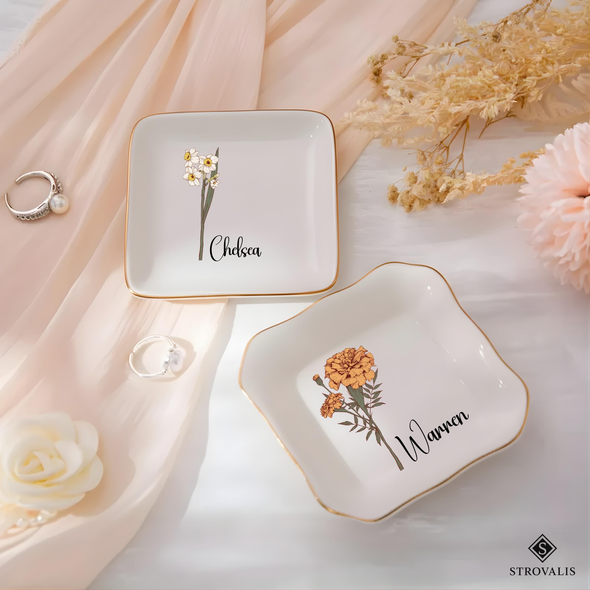 Personalised Birth Flower Trinket Dish, Custom Watercolor Flower Ring Dish, Wedding Bridesmaid Gift, Birthday Jewelry Dish, Christmas Gifts