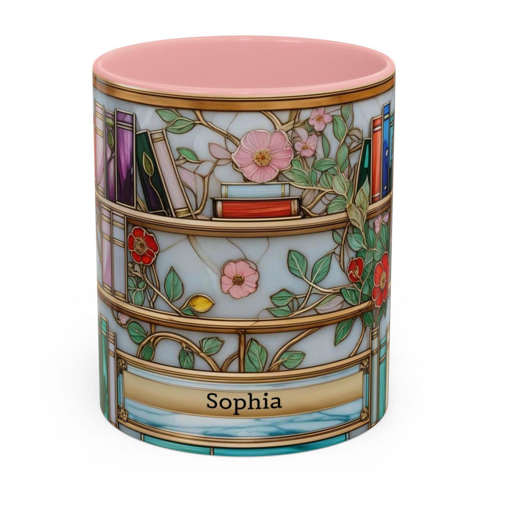 Stained Glass Bookshelf Mug, Floral Coffee Cup, Book Lover Gift, Creative Printed Mug – Simple, Elegant Design