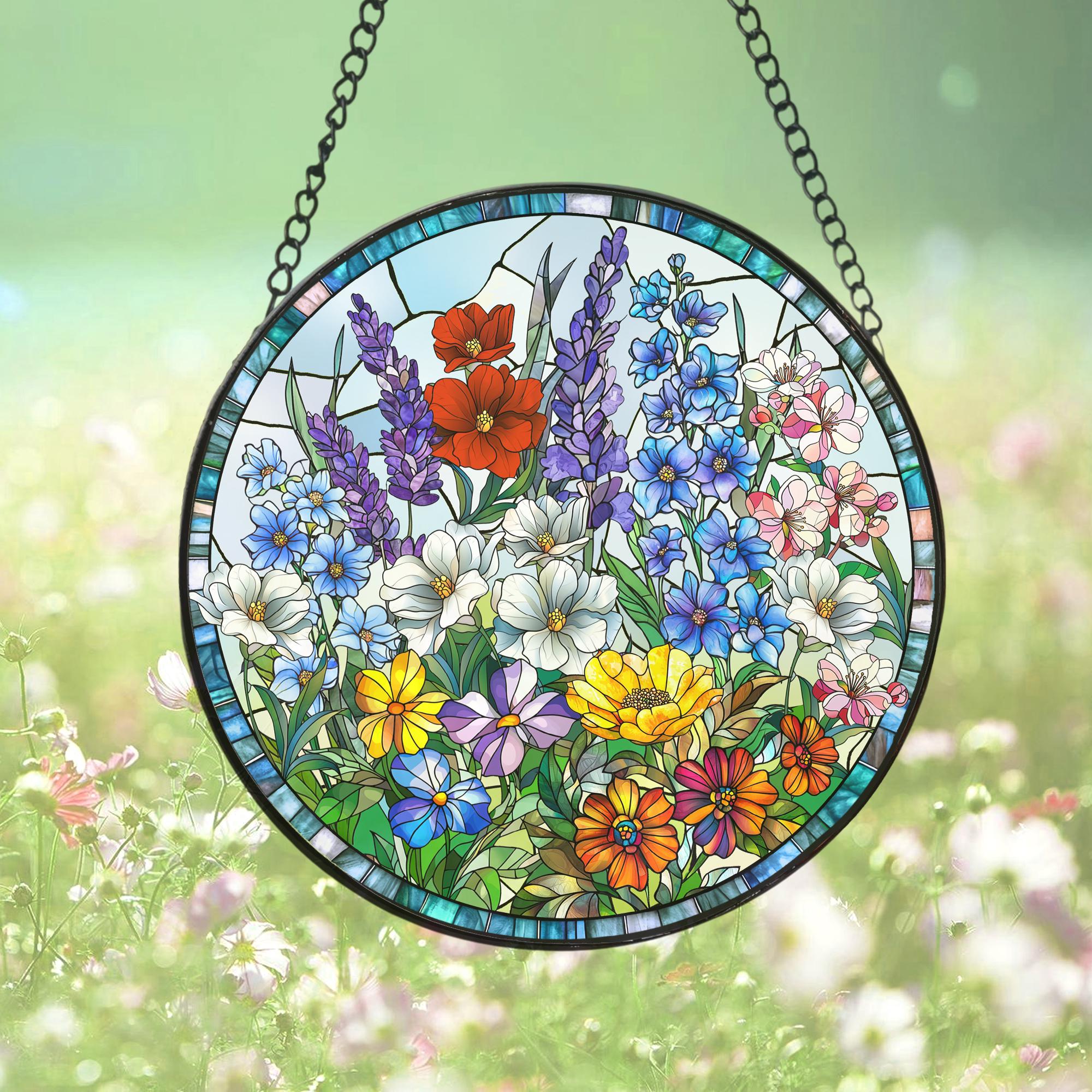 Wildflower Stained Glass Suncatcher_ Window Hanging Decor, Glass Suncatcher – Colorful Window Hanging for Nature-inspired Home Décor, Christmas Gift