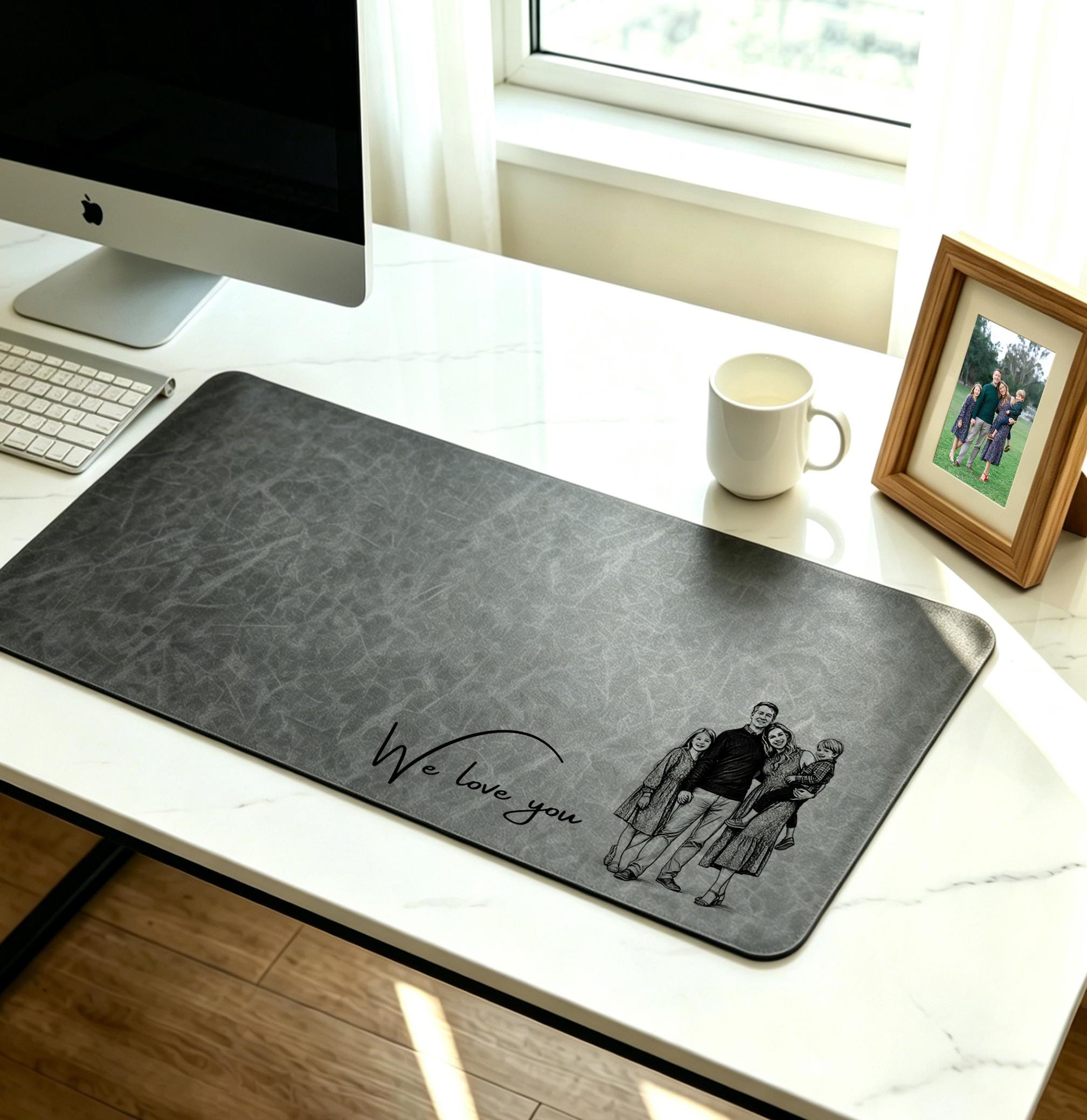 Personalized Dad We Love You Custom Photo Sketch Line Art Desk Mat, Father's Day Gift for Husband, Daddy & Kid Picture Desk Pad Mouse Mat