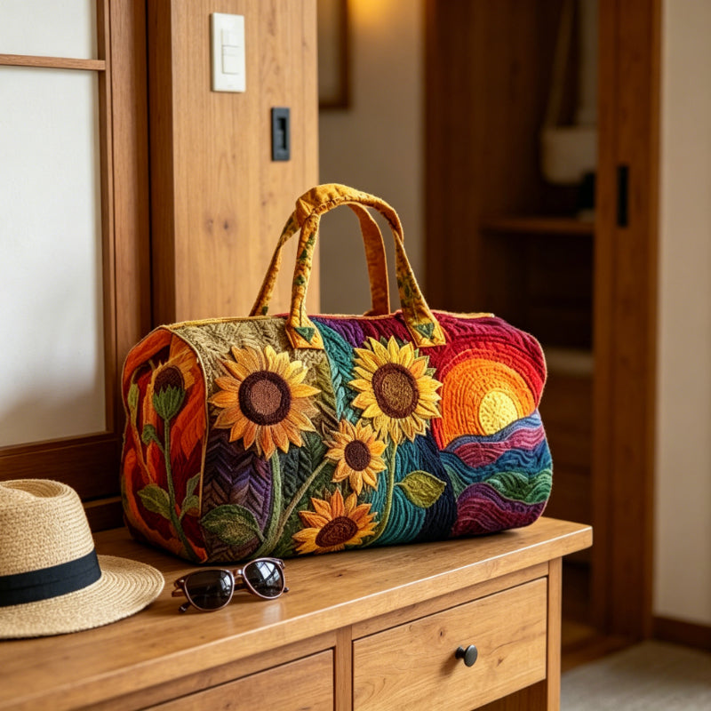 Women Van Sunflower Rainbow Quilted Look Duffle Bag, Large Capacity Travel Weekender Bag, Flat Printed Overnight Handbag