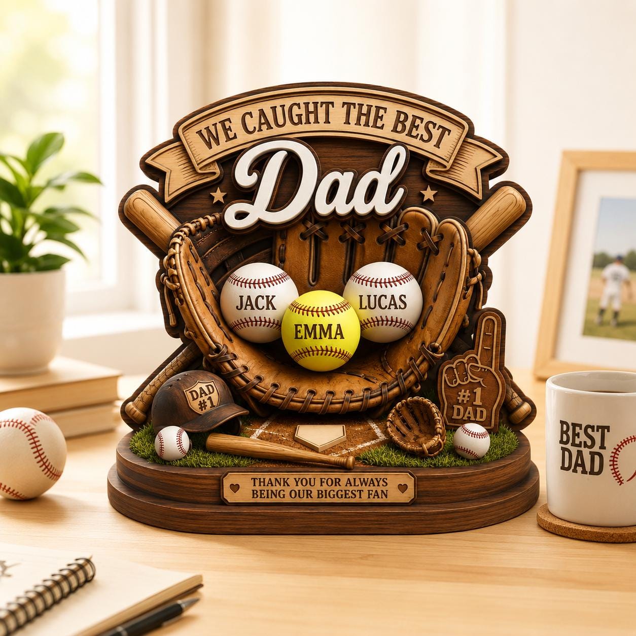 Personalized 2D Flat Baseball Wooden Plaque, I Caught the Best Dad Gift, Kids Name Baseball Softball Sign for Dad