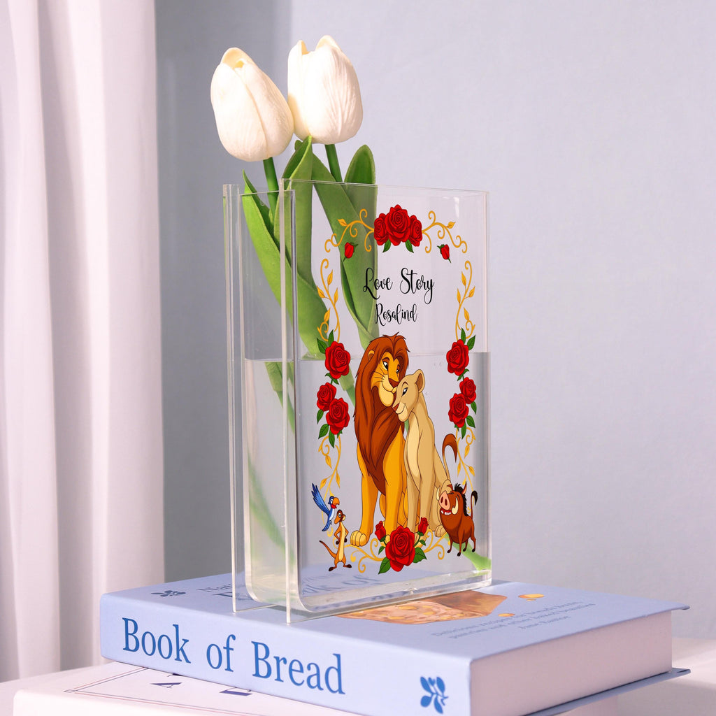 Lion King Acrylic Book Vase, Love Story Bookish Vase, Simba and Nala Book Shaped Vase, Magical Storybook Decor, Cartoon Gift for Book Lovers