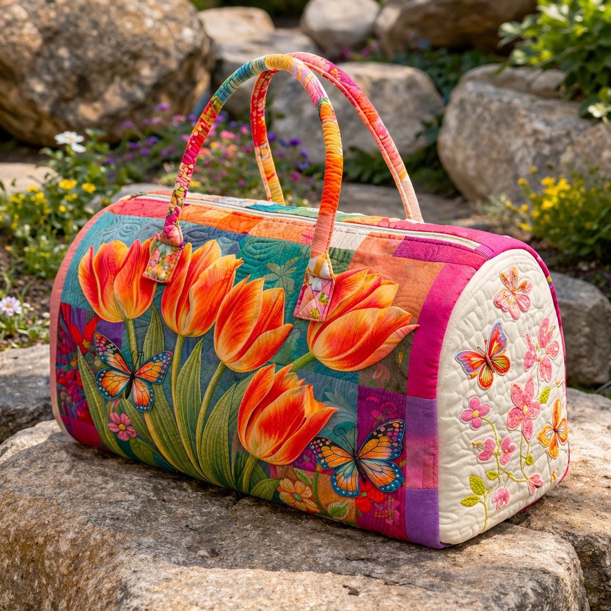 Rainbow Tulip Flowers Quilted Duffle Bag_ Camper Bus Travel Weekender Bag, Best Duffle Bags for Women,mothers Day Cute Weekender Duffel Gift