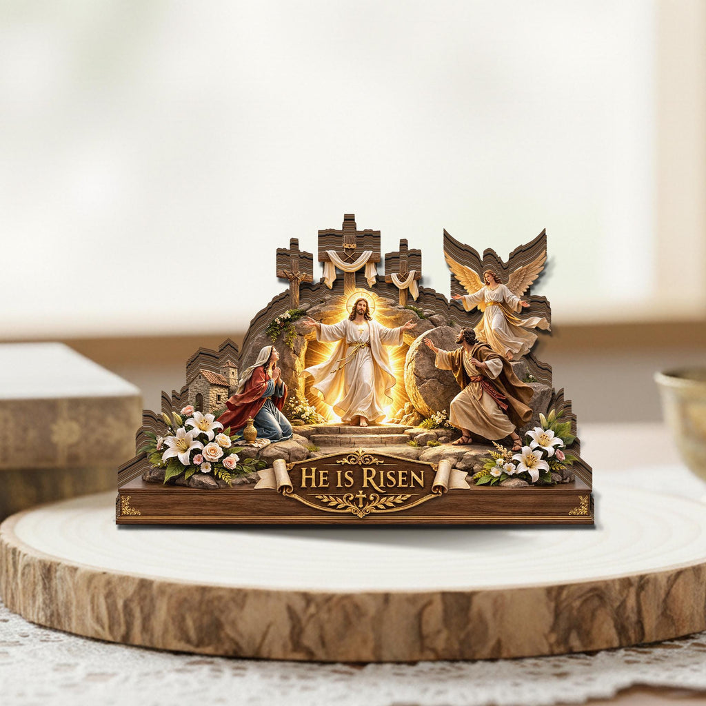He is Risen Easter Wooden Decor, Jesus Resurrection Scene Tabletop Display, Christian Easter Sign, Religious Easter Gift
