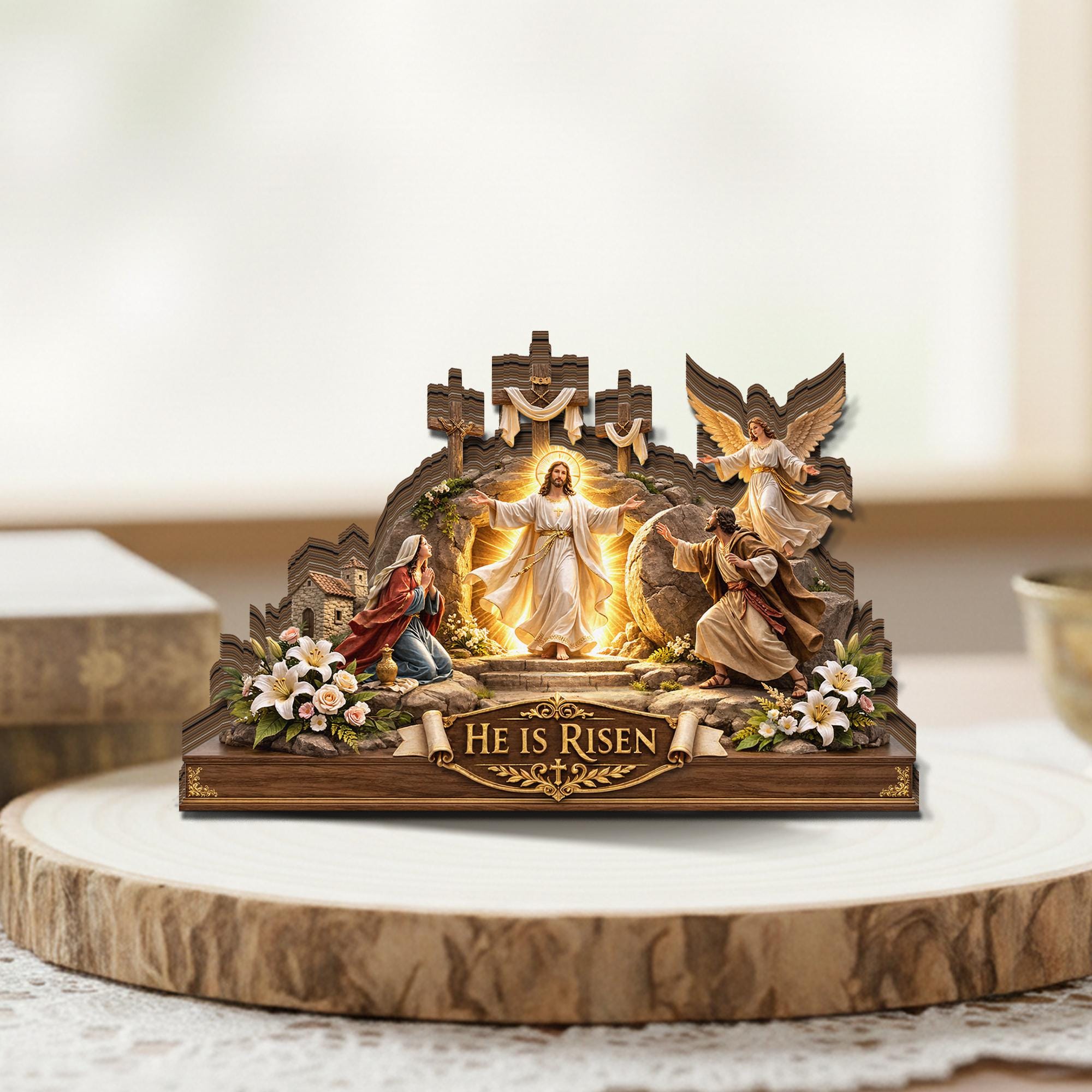 He is Risen Easter Wooden Decor, Jesus Resurrection Scene Tabletop Display, Christian Easter Sign, Religious Easter Gift