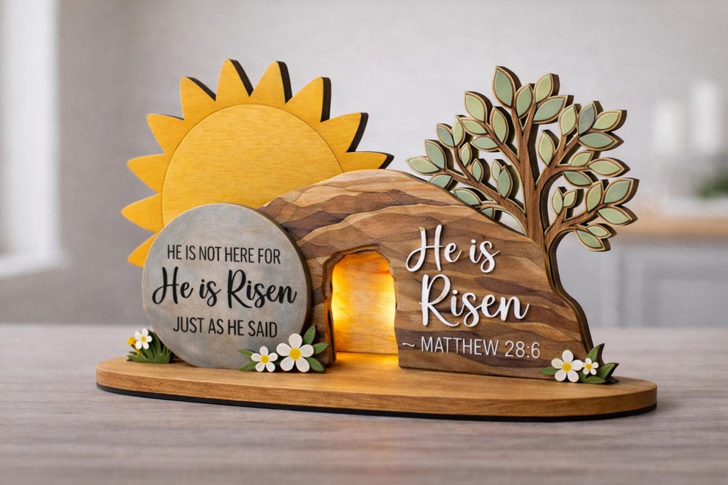 He is Risen Easter Table Sign, Christian Resurrection Wooden Block, Empty Tomb Cross Wood Shelf, Religious Home Decor Gift, Easter Gift