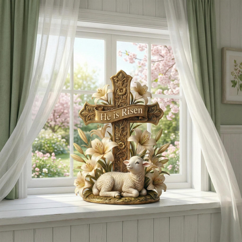 He is Risen Easter Cross Statue With Lamb & Lily, Resurrection Scene Christian Figurine, Easter Home Decor, Pastor Appreciation Gift.