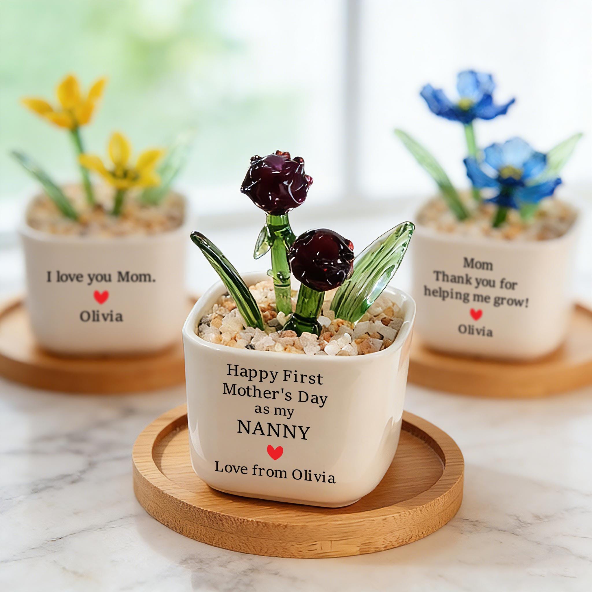 Hand Blown Glass Potted Flowers, Custom Birth Flower Pot, Mother's Day Gift, Stained glass Plant,Home Decor,Housewarming Gift,Gift for Mom