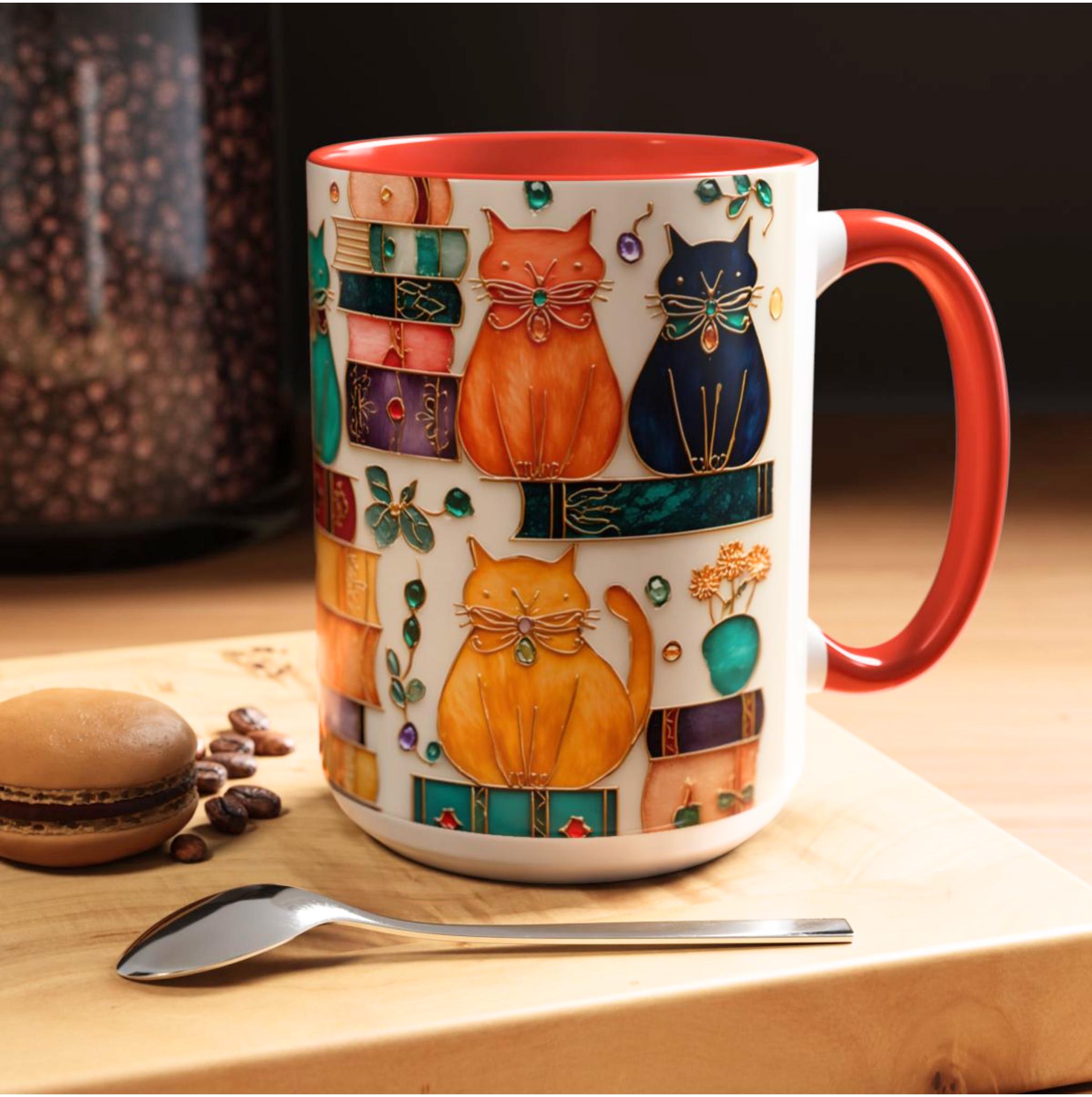 Stained Glass Look Cat Mug, Book Lover Ceramic Coffee Cup Bookish Cat Mom Gift
