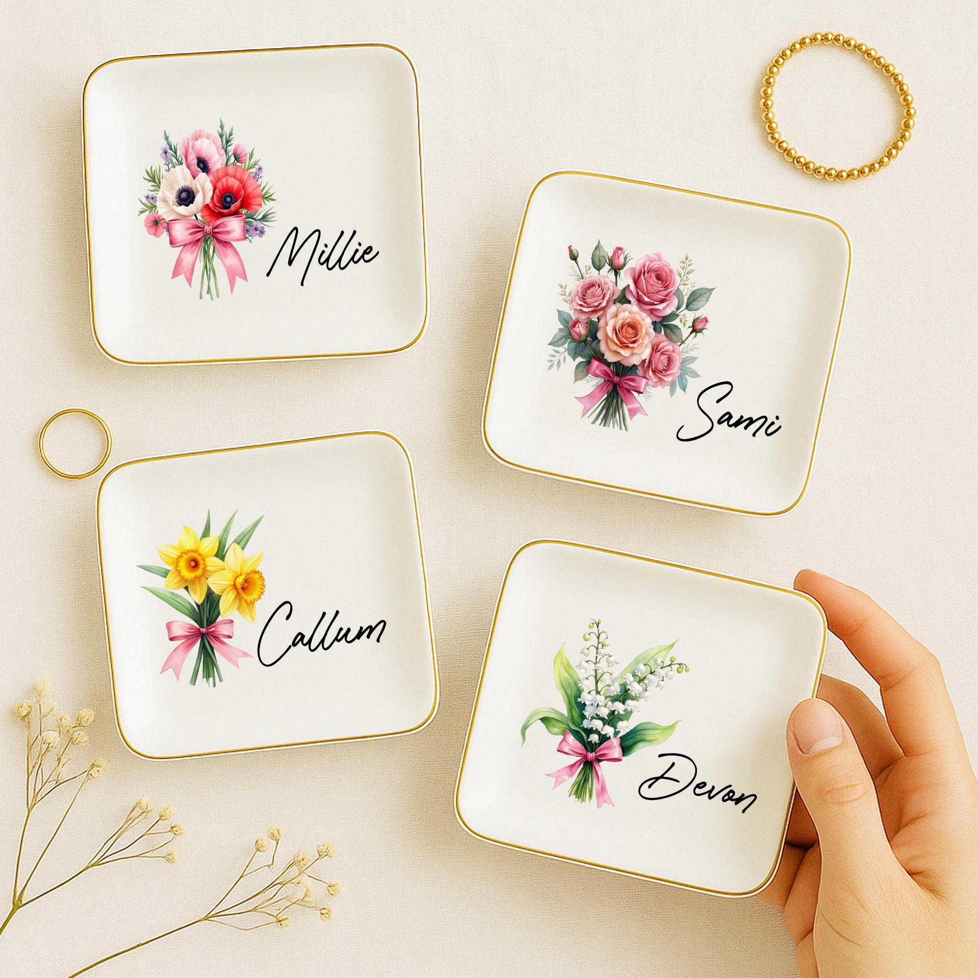 Personalized Birth Flower Ceramic Jewelry Dish_ Custom Trinket Tray, Custom Watercolor Flower Ring Dish, Wedding Bridesmaid Gift, Birthday Jewelry Dish, Christmas Gifts