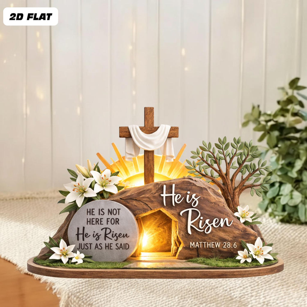 He is Risen Easter 2D FLAT Wooden Block, Christian Resurrection Table Sign, Religious Home Decor Gift, Easter Empty Tomb Cross Wood Shelf