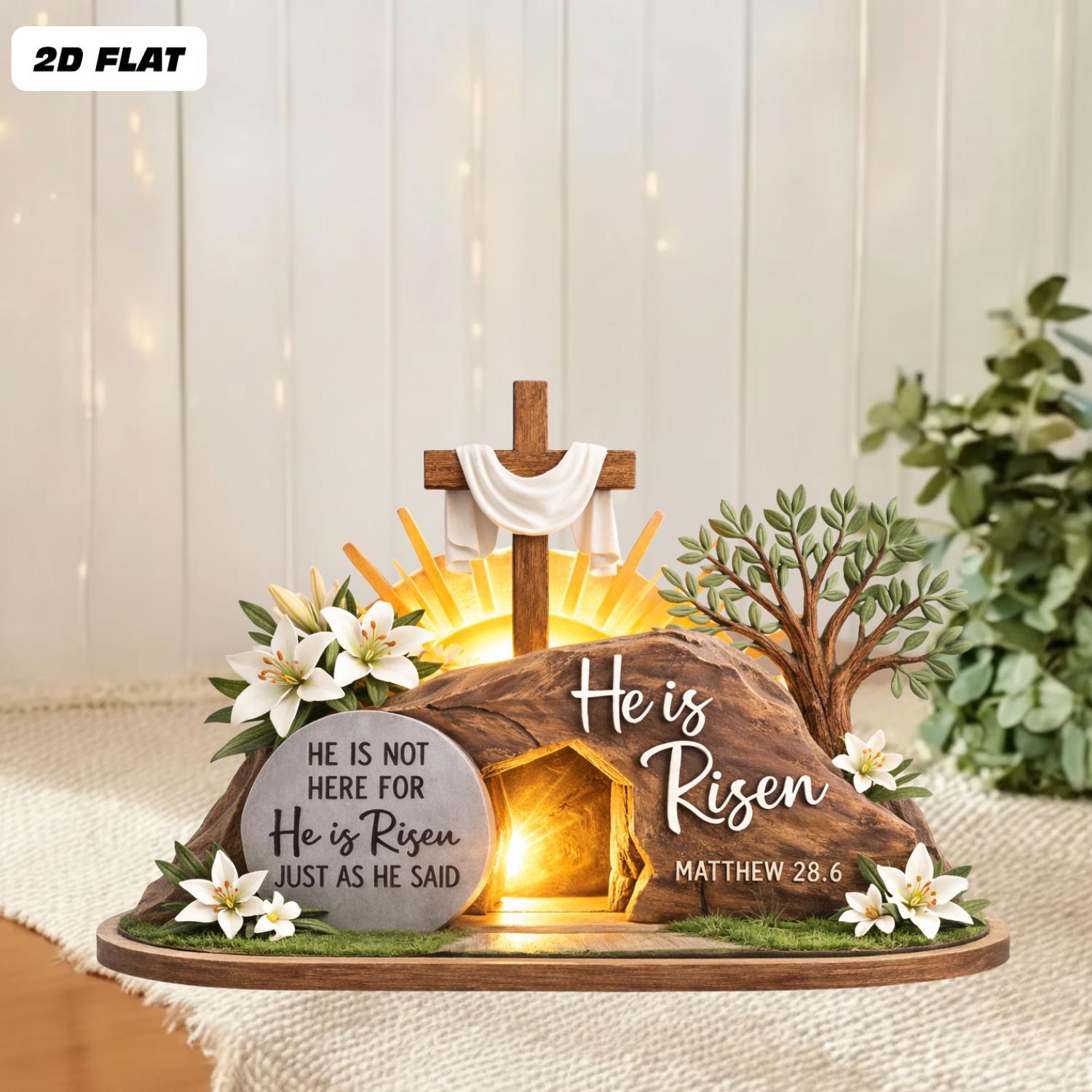 He is Risen Easter 2D FLAT Wooden Block, Christian Resurrection Table Sign, Religious Home Decor Gift, Easter Empty Tomb Cross Wood Shelf