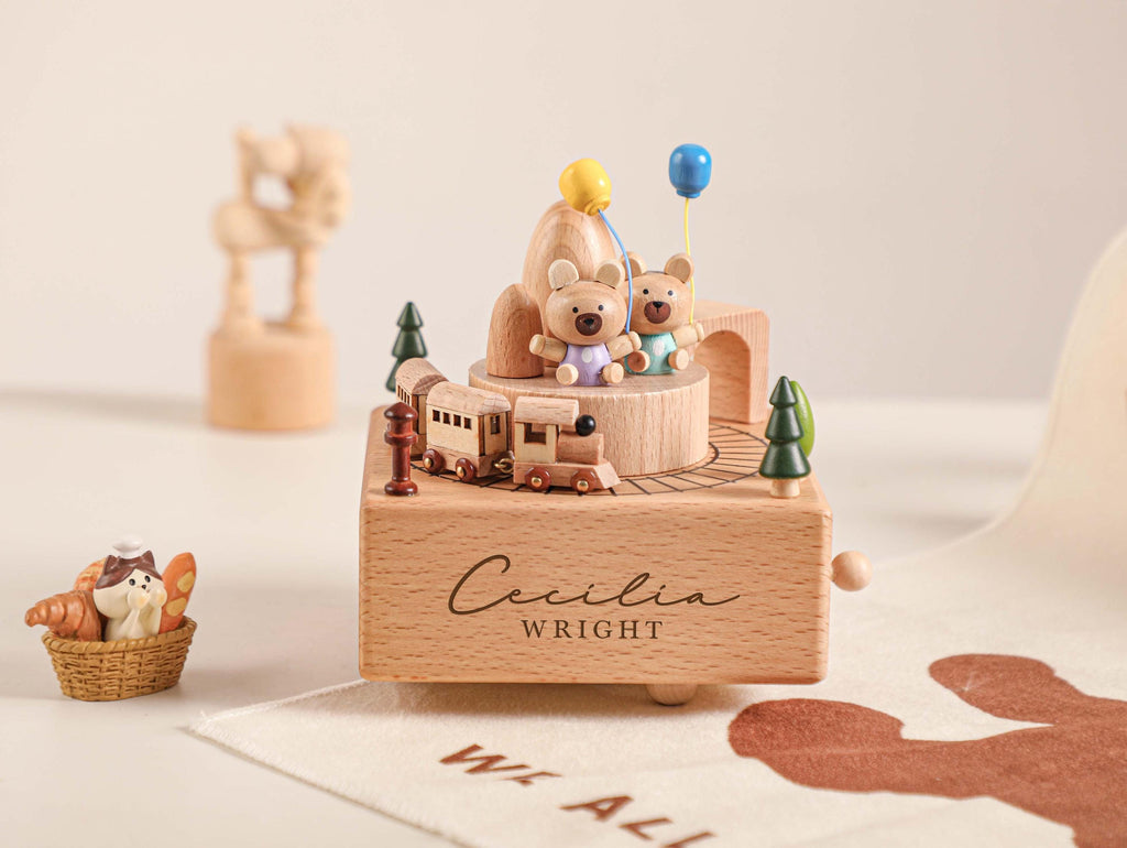 Bear Paradise Train Birthday Music Box, Custom Wooden Handmade Music Box, 1st Birthday, Personalised Music Box Gift, Newborn Gift, Christmas
