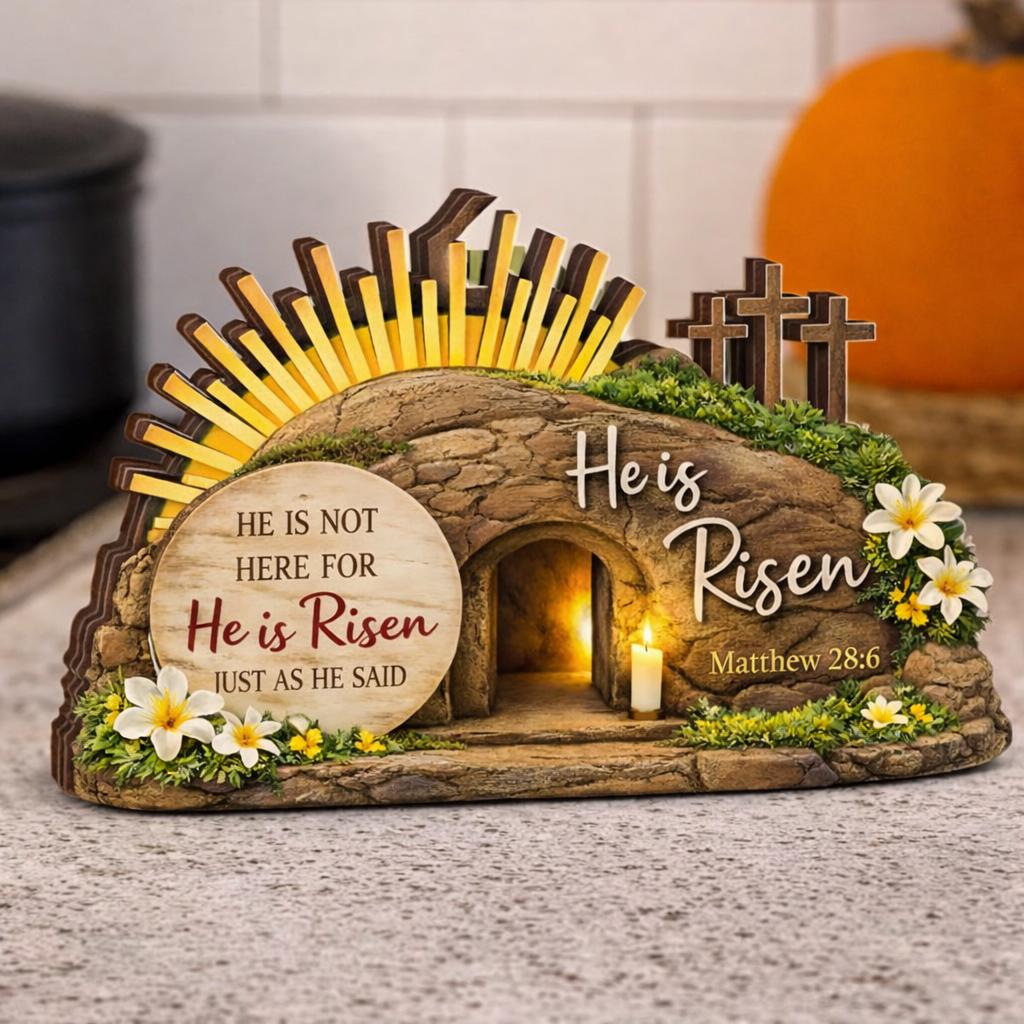 He is Risen Wooden Block Decor, Empty Tomb Easter Sign With Crosses, Matthew 28_6 Christian Tabletop, Resurrection Home Gift