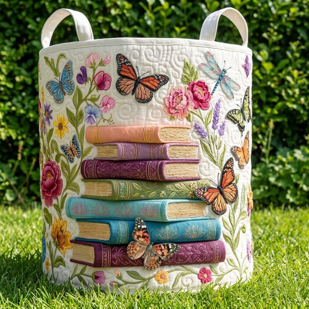 Butterflies Bookstack Quilted Laundry Basket_ Bookish Hamper, Book Lover Storage Bin