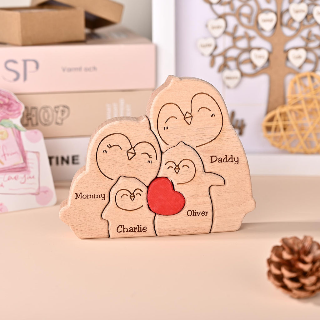 Personalized Penguin Family Puzzle, Custom Wooden Puzzle for Family With 2-5 Names, Gift for Couples & Parents, Unique Wooden Keepsake Gift