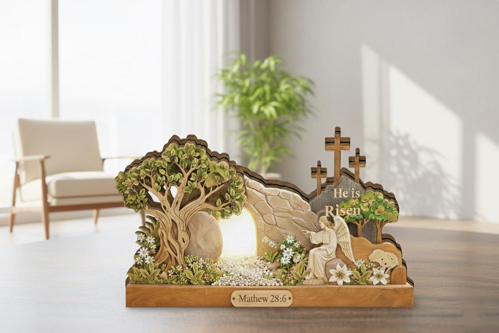 He is Risen Easter Wooden Block Sign, 2D Flat Empty Tomb Scene, Resurrection Christian Decor, Pastor Appreciation Church Gift