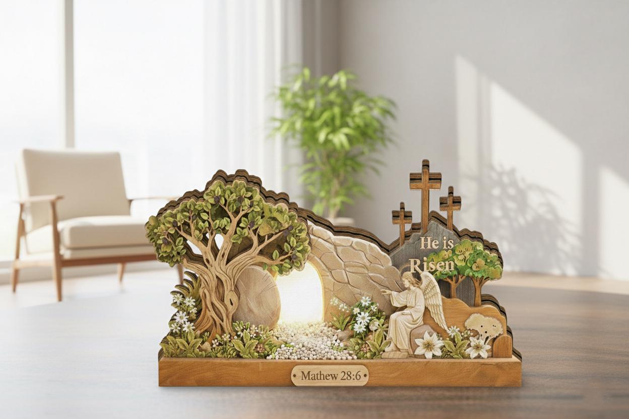 He is Risen Easter Wooden Block Sign, 2D Flat Empty Tomb Scene, Resurrection Christian Decor, Pastor Appreciation Church Gift