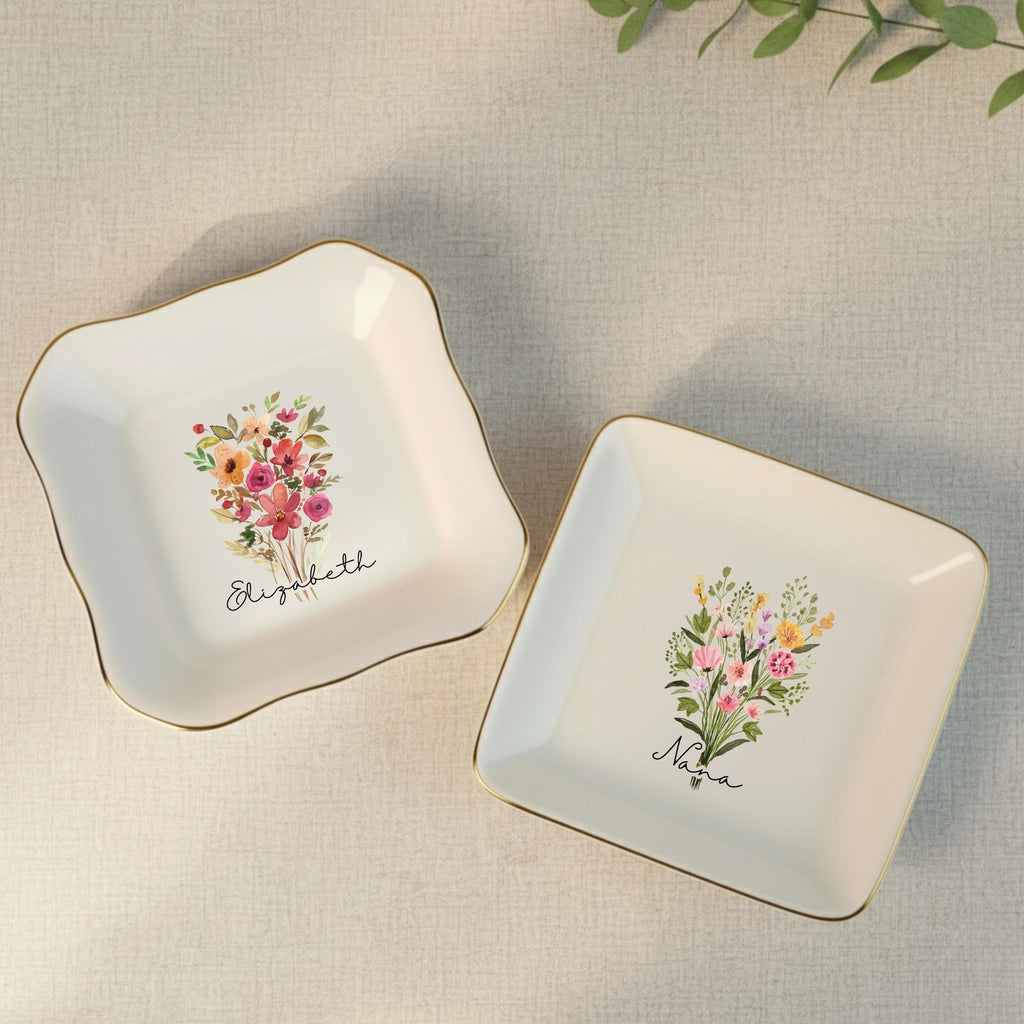 Personalized Boho Birth Flower Ring Trinket Dish _ Birth Month Flower Ring Dish _ Birthday Jewelry Dish _ Wedding Bridesmaid Gift _ Mom Gift