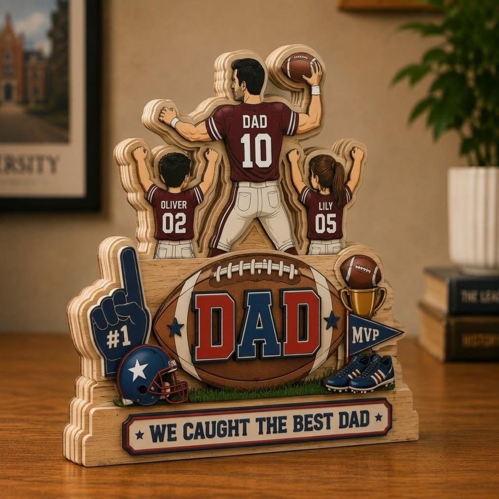 Personalized Football Dad Wooden Block, Custom Kids Names, Father's Day Sports Desk Keepsake