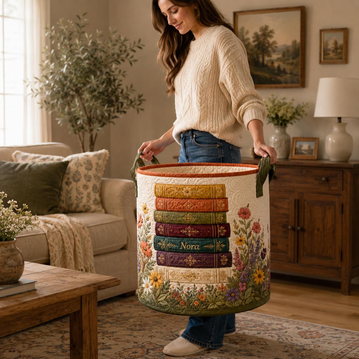 Personalized Book Stack Laundry Basket, Quilted Floral Hamper, Custom Name Storage Bin, Book Lover Room Organizer