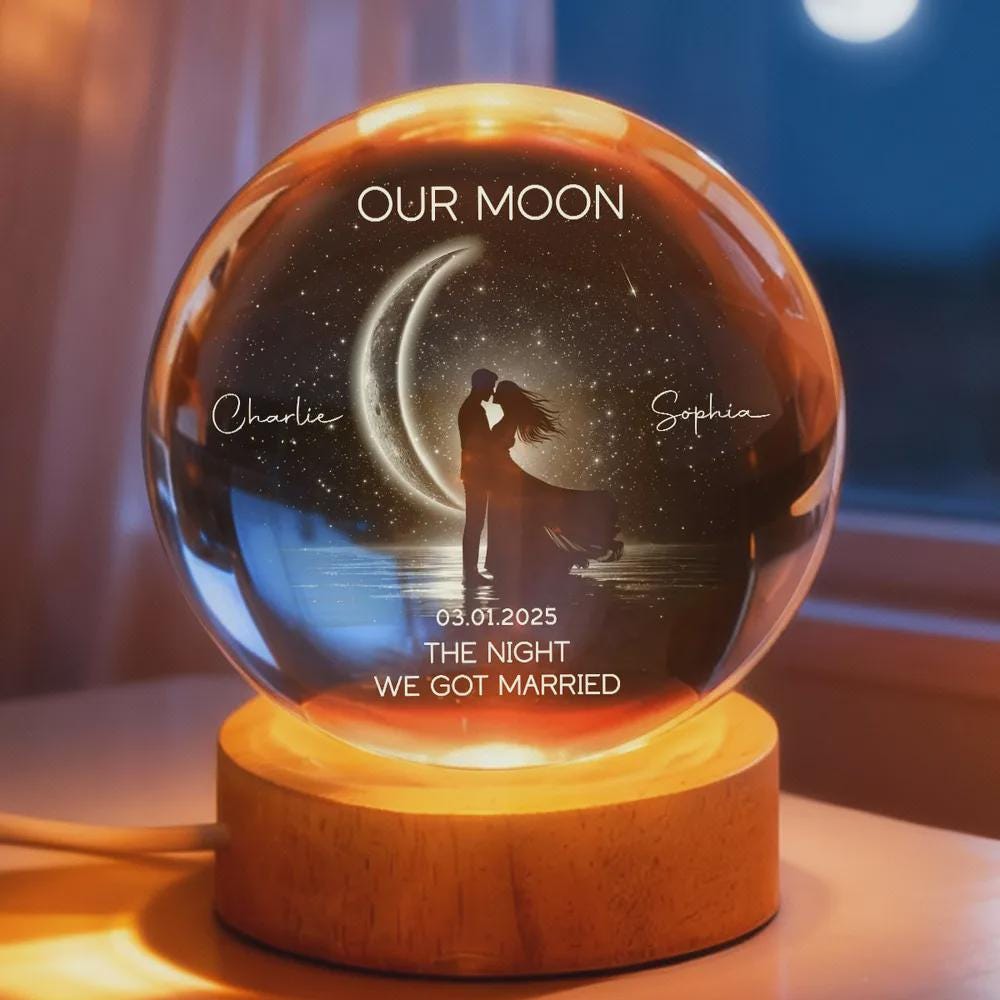 Personalized Moon Phase Crystal Ball Night Light, Couple Anniversary Gift, Customizable with your names or special date, USB powered with 4 lighting modes