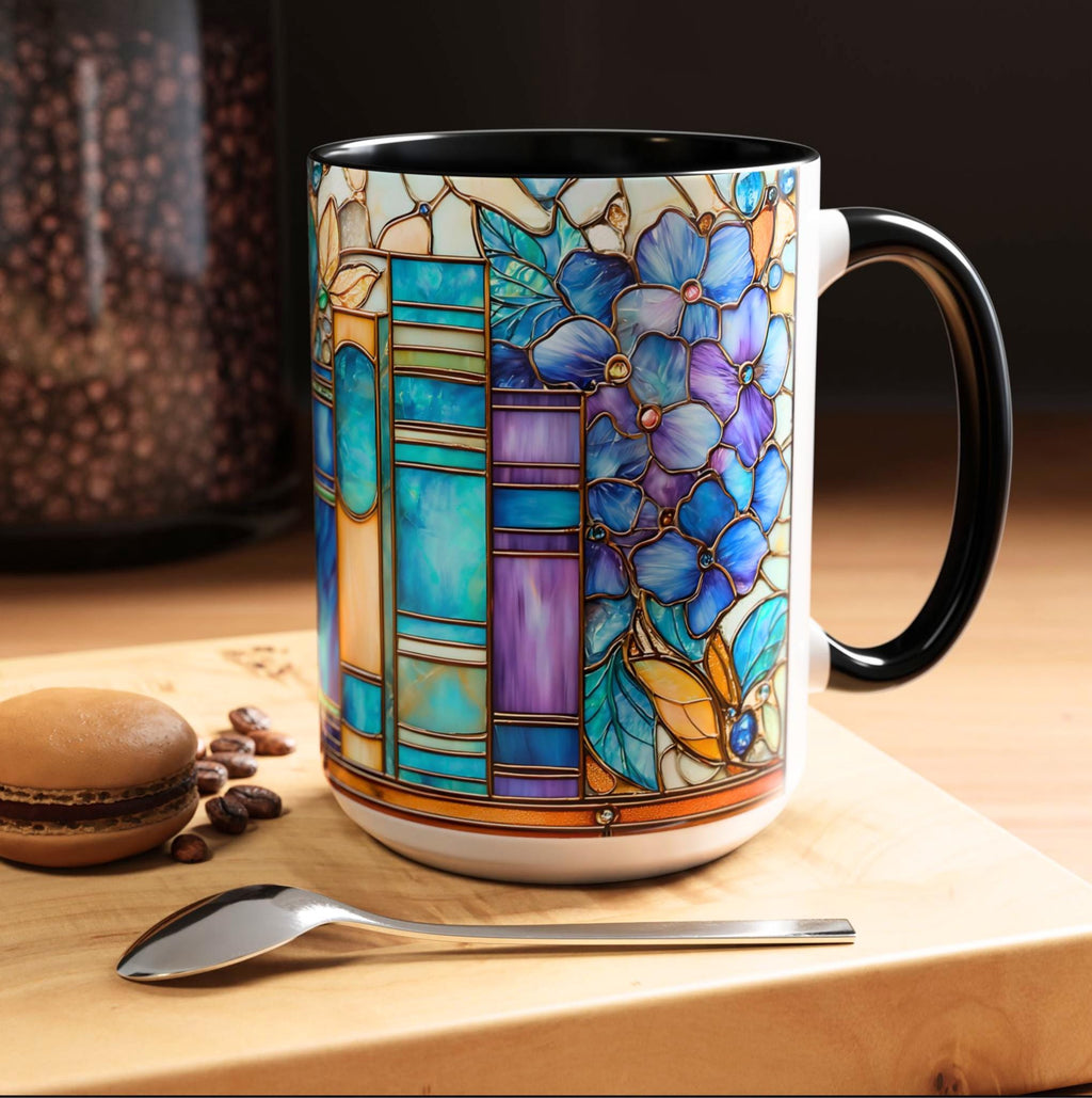 Floral Bookshelf Coffee Mug_ Faux Stained Glass Ceramic Bookish Cup Ceramic Drinkware Book Lovers
